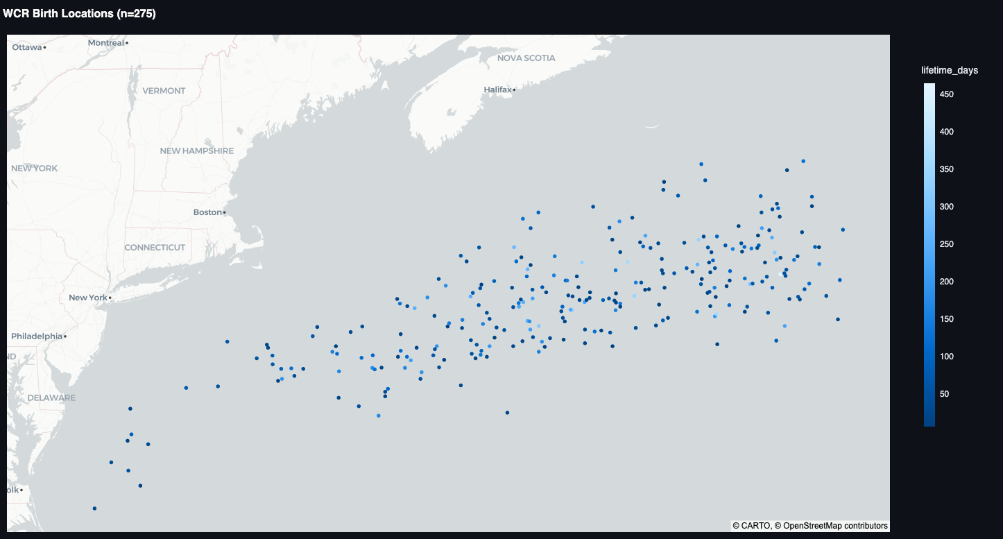 Census Explorer — WCR Birth Locations map showing 275 rings across the Northwest Atlantic, colored by lifetime in days